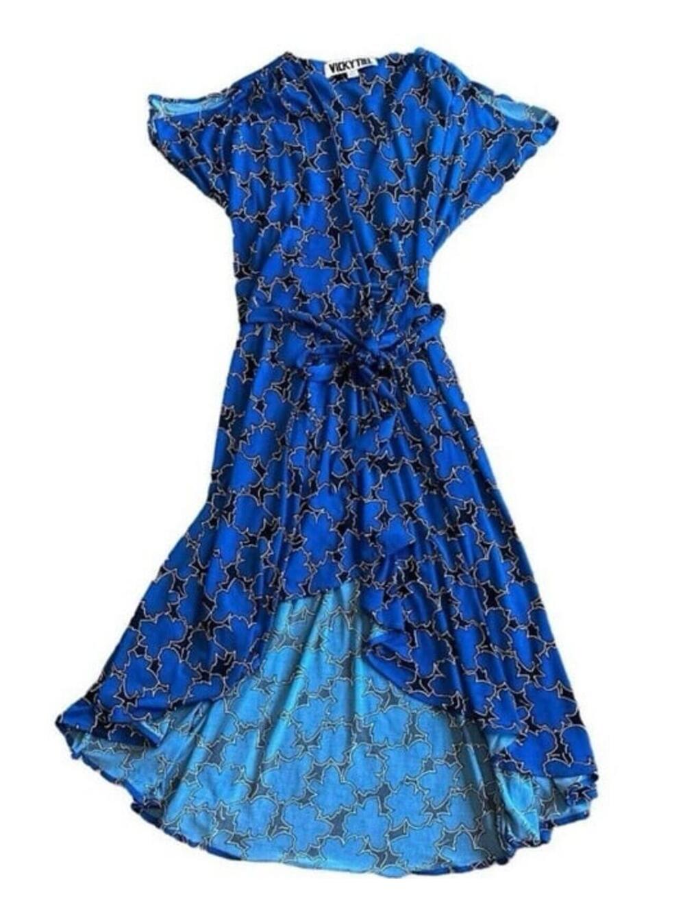 Vicky Tiel XS Blue Floral Wrap Dress High Low Hem Tie Waist